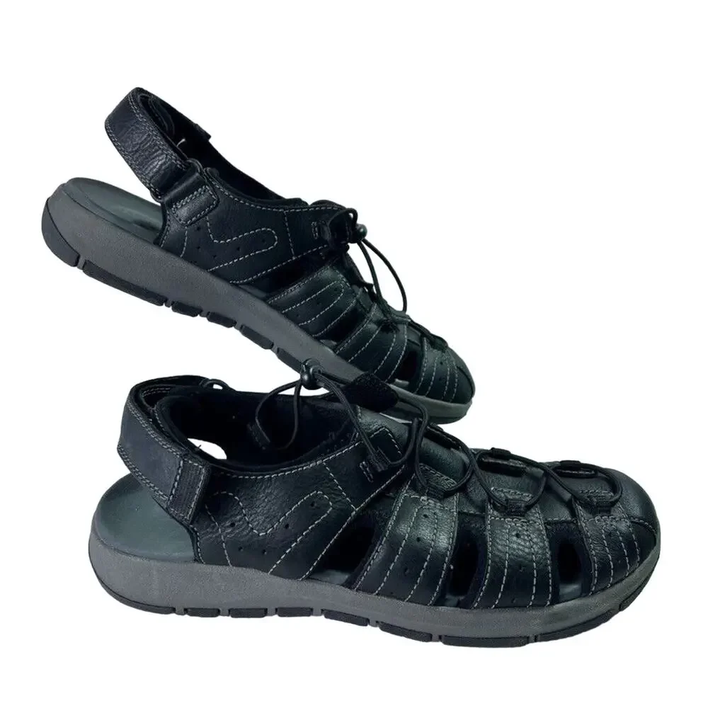 Clarks Shoes Mens 11M Brixby Cove Black Leather Casual Sandals Summer Vacation